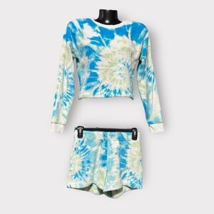 40 NEW Plush Shorts Sweater Loungewear Set Womens XS Blue White Tie-Dye Auction
